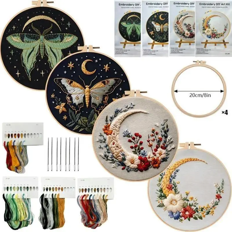 DIY Bag Accessory Embroidery Kit for Beginners with Elegant Butterfly Moon Cross Stitching Design, Includes Printed Cotton, Threads & Hoop, Embroidering Design, Diy Sewing, Bag Accessories, Fabric, Mixed Textile, Elegant Butterfly Moon Embroidering Design