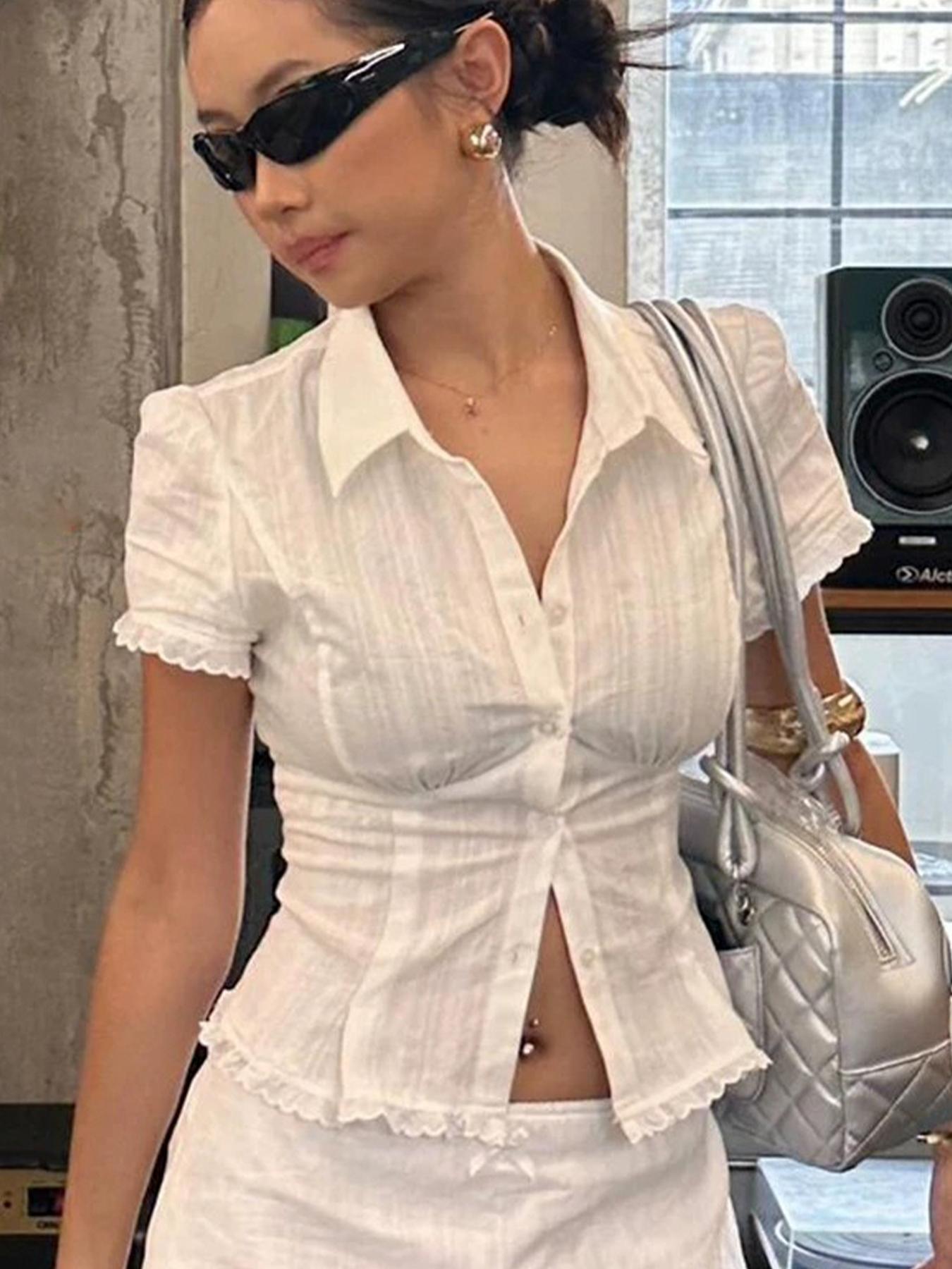Women's Lace Trim Collar Short Sleeve Shirt Blouse, Summer Simple Button-Up Top, Elegant Casual Wear, Perfect for Daily