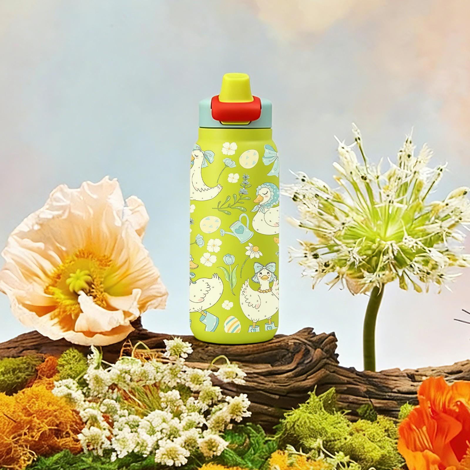 1Pc 19/24/32oz Duck and Flower Print Insulated Mug, Cute Pastel Vacuum Cup Thermo Tumbler with Lid and Straw, Keeps Hot 12H/Cold 24H, Ideal Travel Tumbler for Spring, Picnic, or Office, Adorable Gift for Girlfriend, Nature Lovers