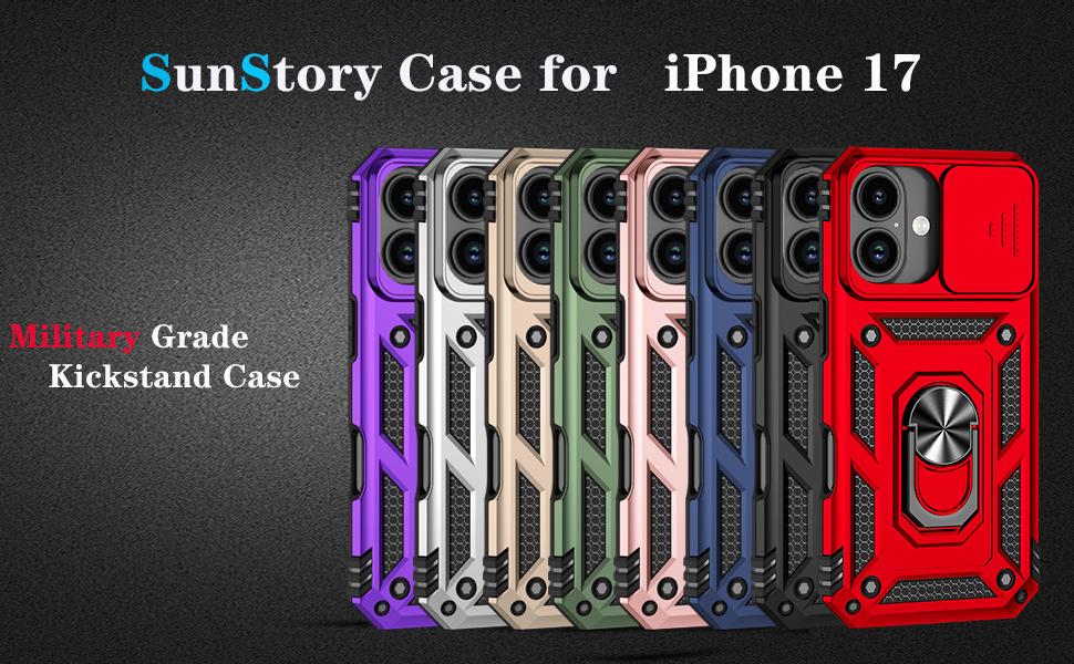 SunStory Compatible with iPhone 17 Case with HD Screen Protector & Slide Camera Cover & Rotated Ring Kickstand, [Military-Grade] iPhone Case (ArmyGreen, for iPhone 17)