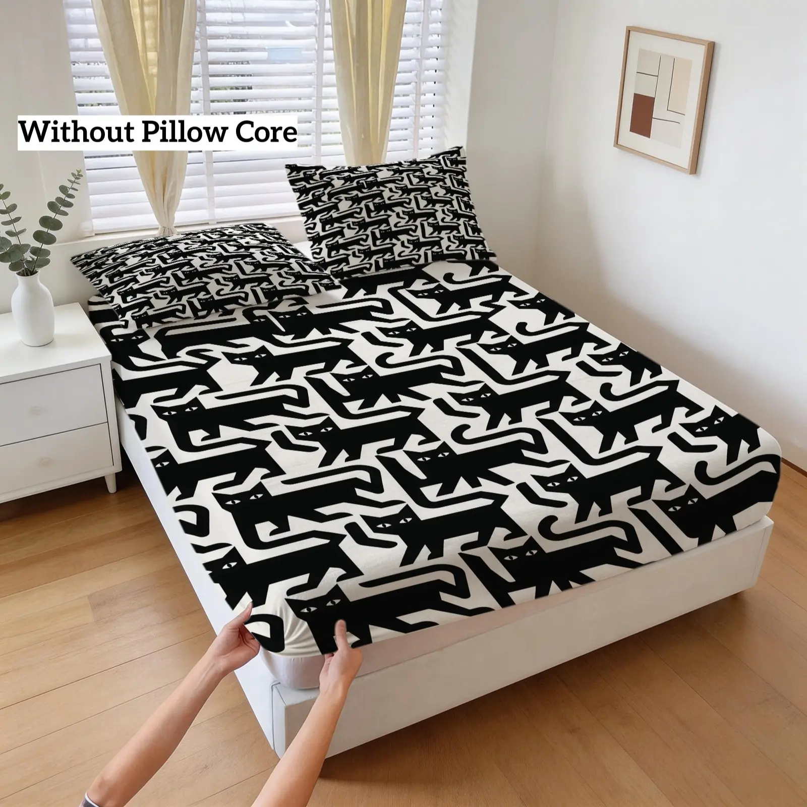 Bed Sheet Set With Black Cat Single-Sided Printed Pattern, Halloween Fun Black Cat Fashionable Bedding Decoration, 1 Bed Sheet With 2 Pillowcases (Excluding Pillow Core), Suitable For Bedroom Decoration And Gifts For Teenagers And Adults