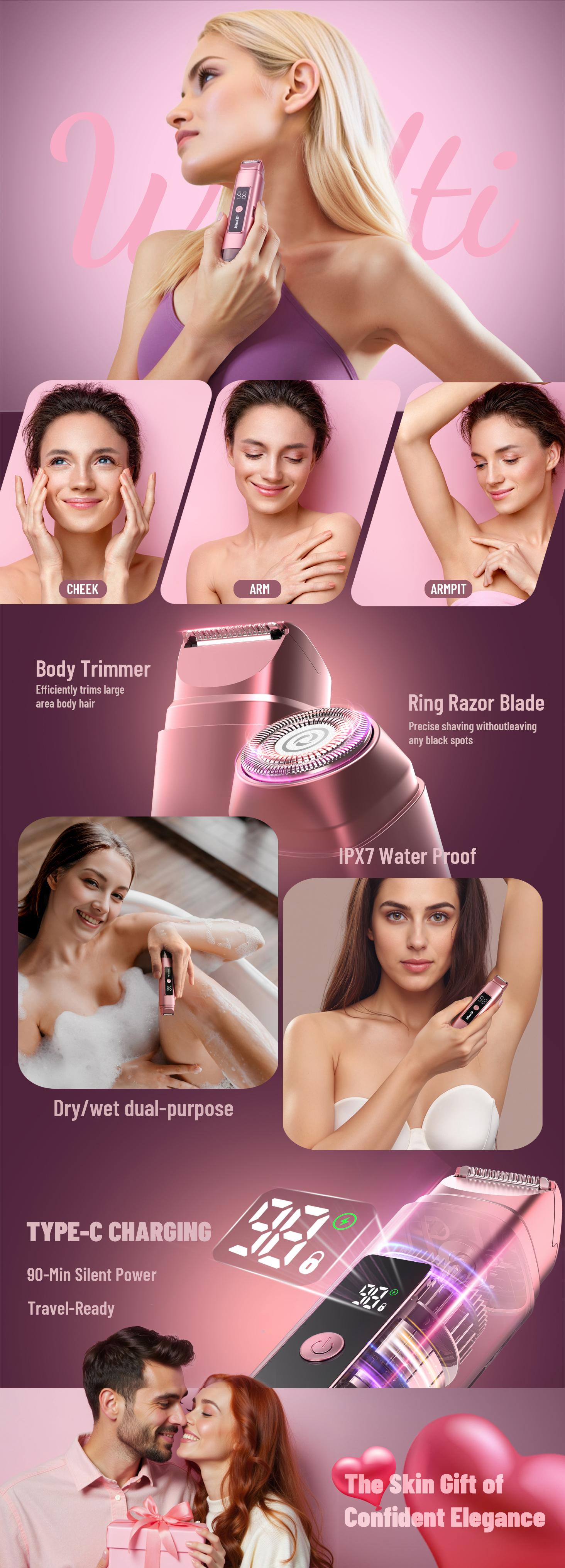 [TikTokShopStockUp]UPGRADE electric painless facial hair remover Bikini Trimmer for Women, Electric Shaver and Razor 2-in-1 electric razor  Dual Heads for Painless Trimming of Pubic Hair, Face, Underarms and Legs,Waterproof