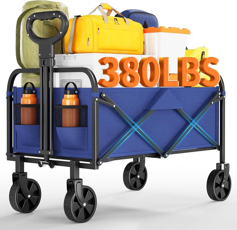 Foldable GarveeLife Multi-Purpose Trolley with All-Terrain Wheels, Drink Holders and Adjustable Grip, 172 kg, Portable Food Trolley for Shopping, Camping, Garden, Car Travel Accessories Black