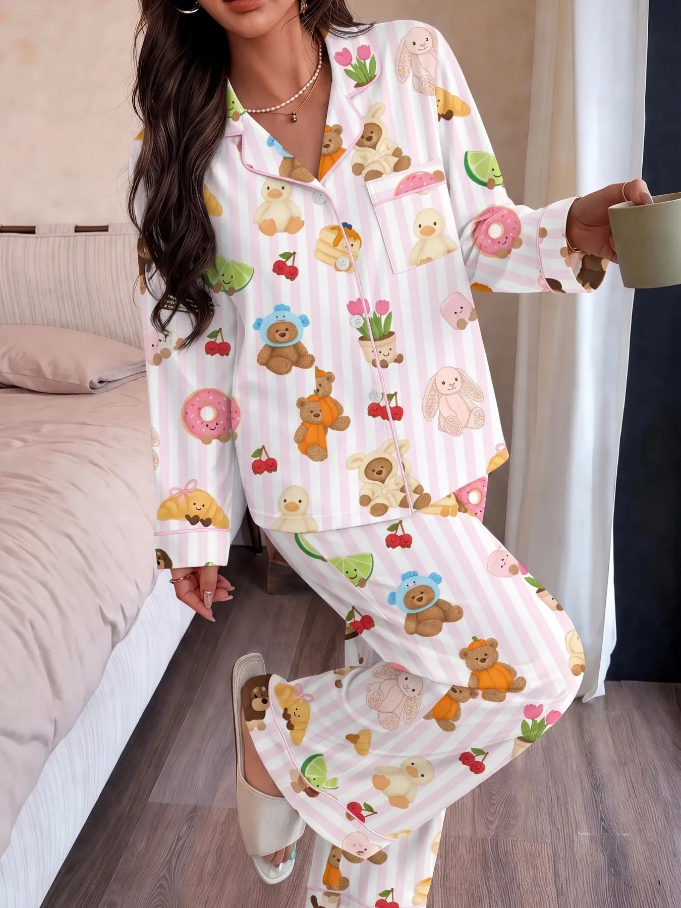 Women's Long Sleeve Pajama Set, Spring Summer Sleepwear, Loungewear, Striped Bear Duck Rabbit Fruit Print, Soft Comfortable Fabric, Casual Home Wear
