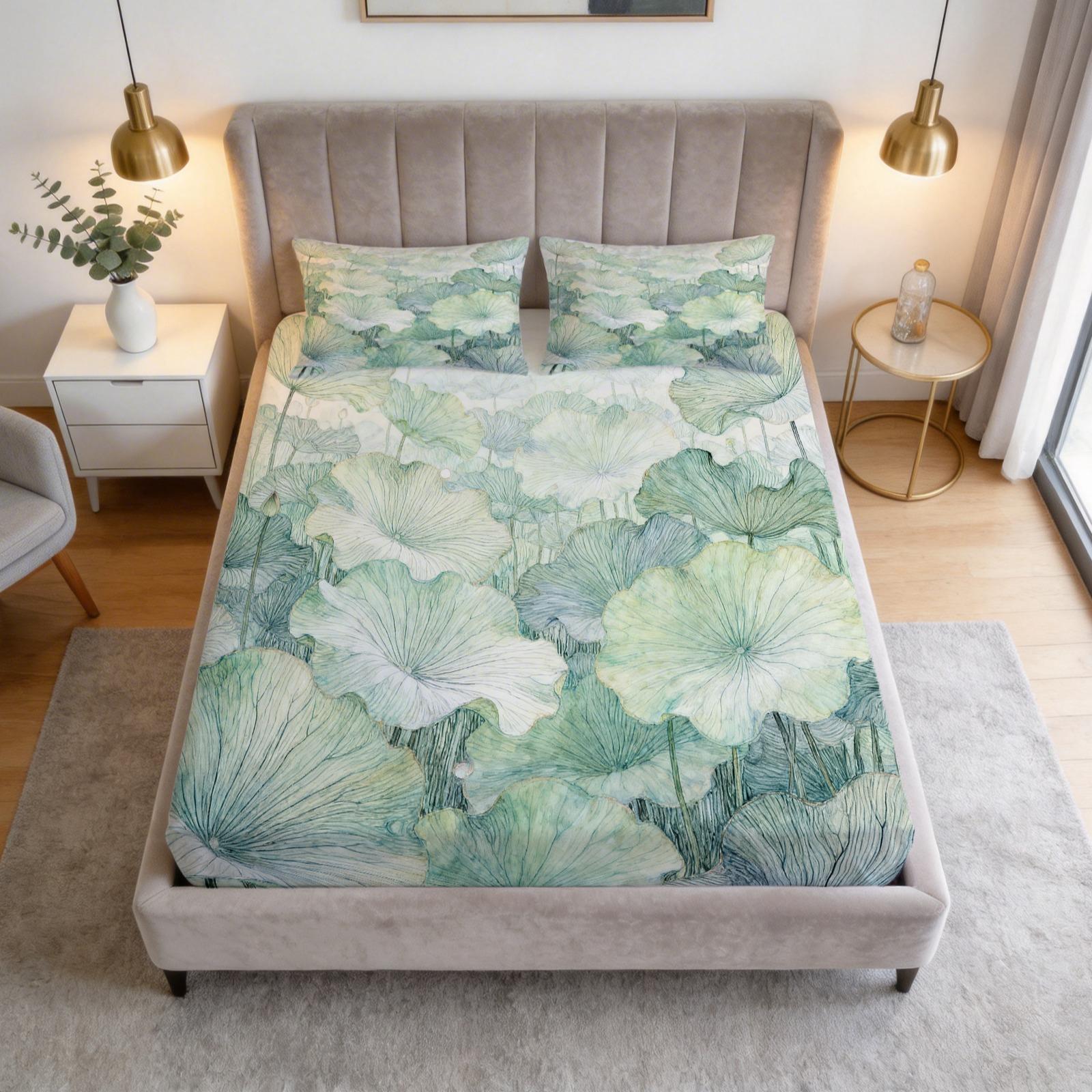 3 Piece Watercolor Lotus Leaf Fitted Sheet Set, Green Lotus HD Digital Print Bedding Set, Soft Breathable Deep Pocket Bed Sheet with Pillowcases for Bedroom & Dorm (Insert Not Included)