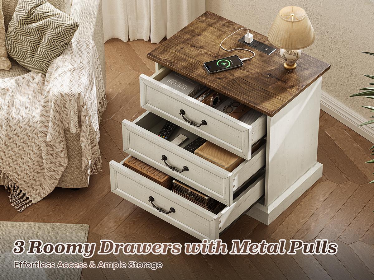 Huuger Nightstand with Charging Station, 3 Drawer Night Stand, 22 Inch Wider Side Table with Storage, Farmhouse Nightstand with Vintage Handles, Thicken Base, for Bedroom