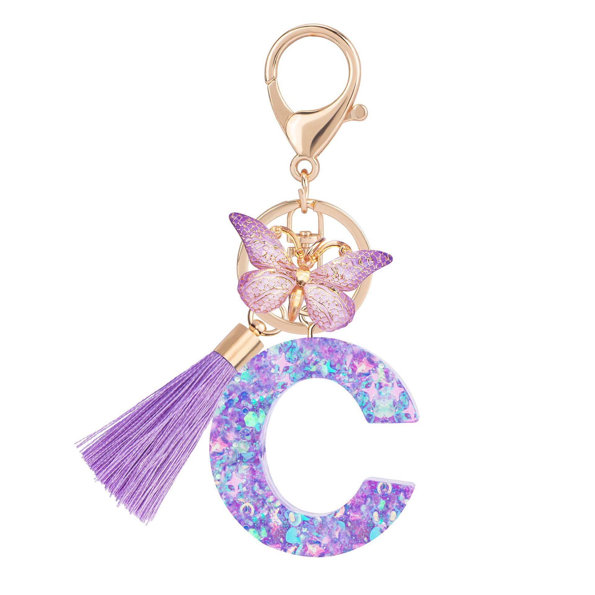 1pc / Initial Letter Keychain Butterfly Key rings Chain Pendant Cute Animal Key Ring Purse Bag Backpack Car Pendant Charm Earbud Case Accessory Women Gift