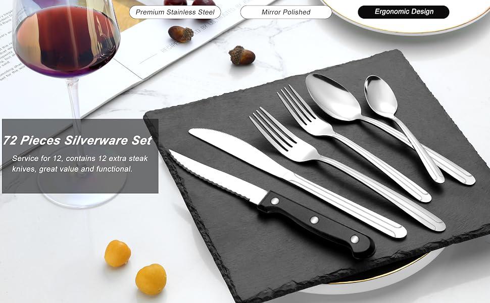 72-Pieces Silverware Set for 12, Flatware Set with, Stainless Cutlery Set, Include and Set, Dishwasher Safe Utensil Sets for Home Restaurant 72-Pieces Silverware Set for 12, Flatware Set with, Stainless Cutlery Set, Include and Set, Dishwasher Safe Utensil Sets for Home Restaurant