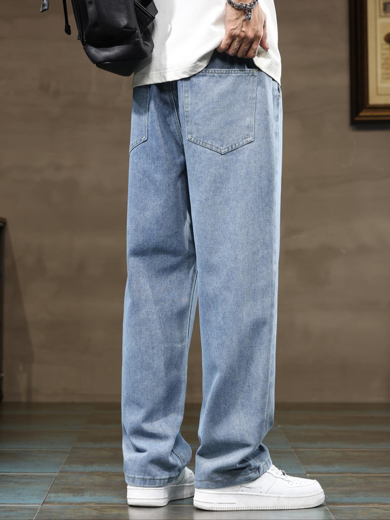 Men's elastic waist straight-leg plus-size jeans, Denim, comfortable and loose street-style bottoms, perfect for daily casual wear, urban street looks, and weekend fashion styles