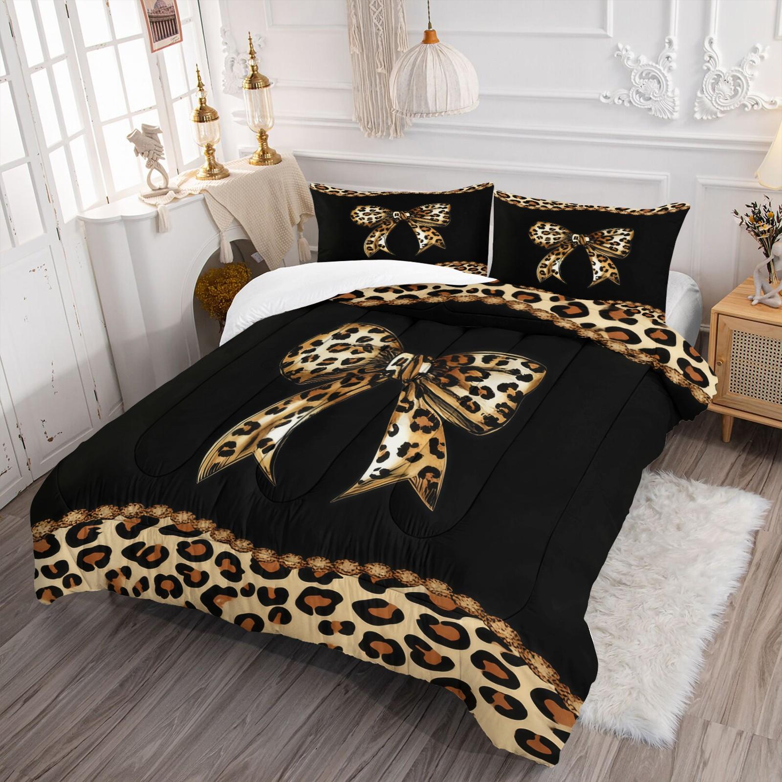 Leopard Print Bow Pattern Comforter Set, Soft And Durable Bedding Set, Including 1 Comforter And 1 Or 2 Pillowcases, Suitable For Children And Adults Daily Holiday Birthday Gifts Bedroom Decorations, Soft Bedding Sets