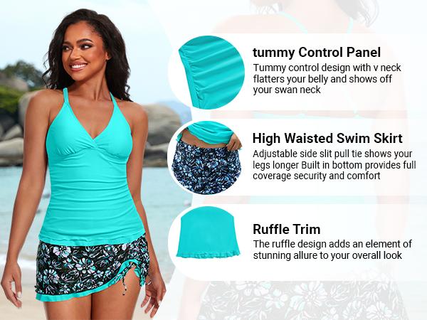 Daci Women Tankini Swimsuits with Skirt - Two Piece Tummy Control Skirted Bathing Suits Swimwear