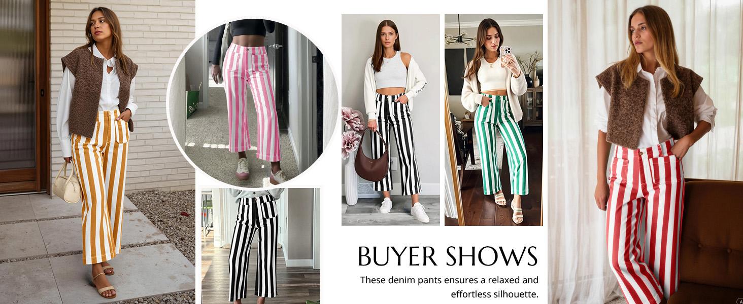 Cicy Bell Womens Cropped Striped Jeans Casual High Waisted Stretchy Straight Leg Denim Pants with Pockets