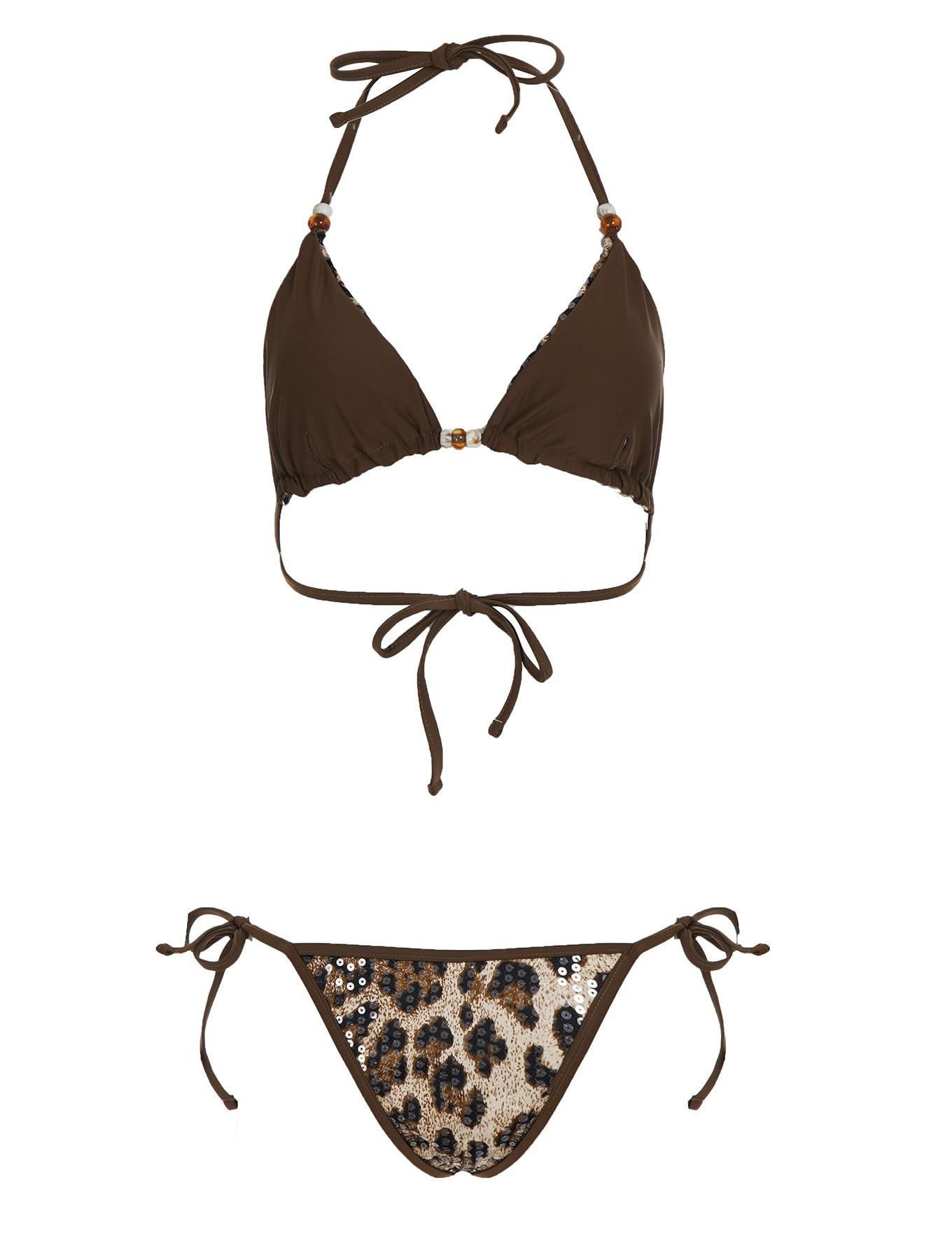 Women's Holiday Sexy Leopard Print Sequin Two-Piece Bikini Set, Backless Slim-Fitting with Micro Triangle Bra and Thong Bottom, Leopard Print Bikinis