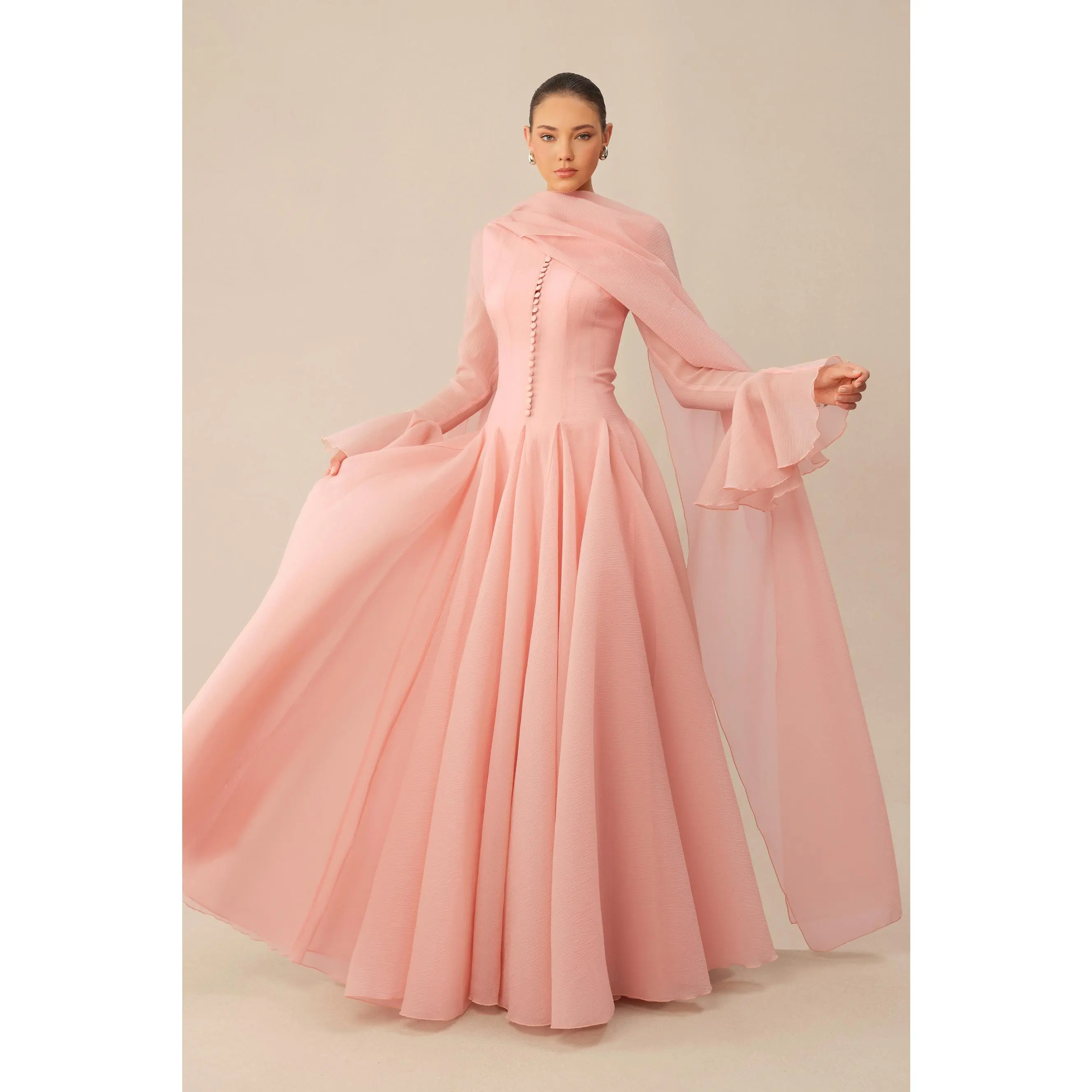 Sunfere Pink Textured Flare Sleeve Maxi Dress - Modest Elegant Bell Sleeve Gown with Hijab Scarf, Formal Religious Event Wedding Ceremony