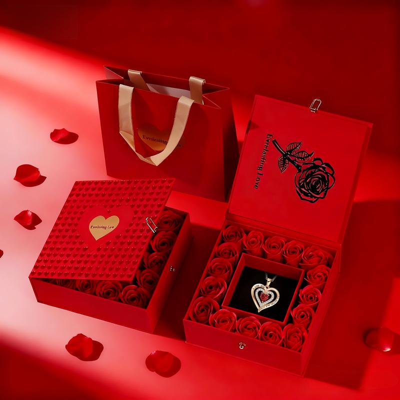Rose Party Gift Box with Love Heart Necklace, 1 Set Romantic Rose Gift Box with “I Love You” Jewelry Necklace, Gift for Mom, Wife or Girlfriend, Birthday Gift