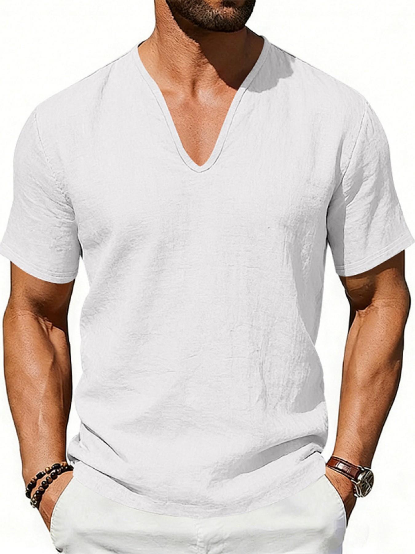 Men's Summer Loose Fit Linen T-Shirt, Breathable Deep V Design, Casual Short Sleeve Top, American Style, Cross-Border Fashion