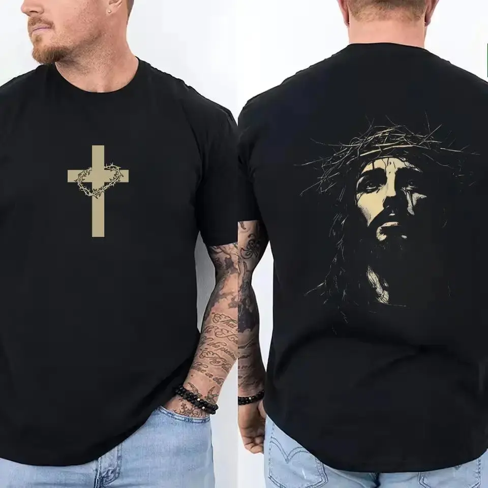 Men's Breathable Cotton Christian Short-Sleeve Graphic Tee Shirt - Digital Print Jesus Crown of Thorns, Round Neck, All-Season Casual Tee, Streetwear Gym Pump Cover for Easter