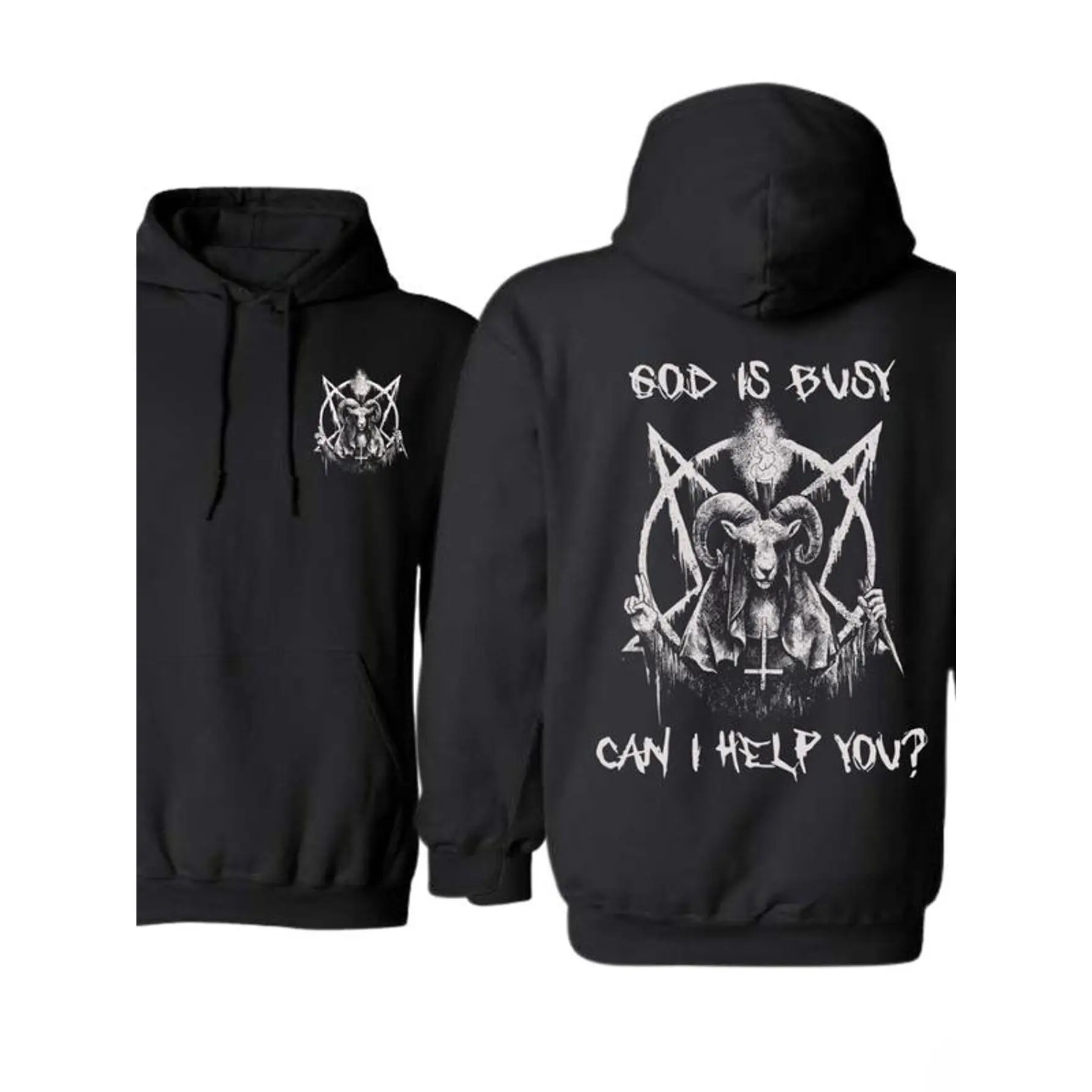Men's Gothic Dark Metal Hoodie with "God Is Busy Can I Help You" & Devil Goat Pentagram - Punk Rock Horror Streetwear, Print Sleeve Hooded Sweatshirt for Autumn/Winter, Machine Washable