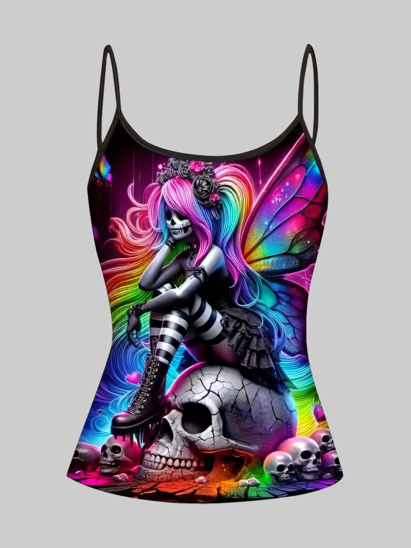 Gothic Skull Rose Print Straps, Summer Home Sleepwear Outer Wear, Unique Slim-Fit Top Set of Four Pieces, Casual All-Over Print Clothing