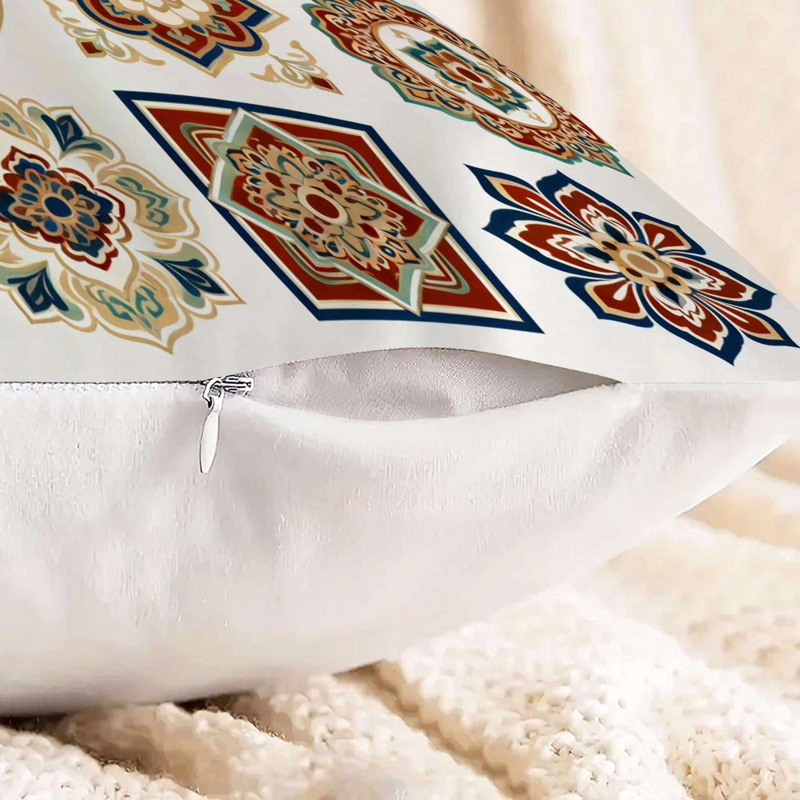 1 Pack 18×18 Inch Boho Mandala Throw Pillow, Vintage Floral Accent Cushion, HD Digital Print Decorative Pillow, Non-Fade Home Decor Pillow for Sofa, Bed, Living Room, Bedroom