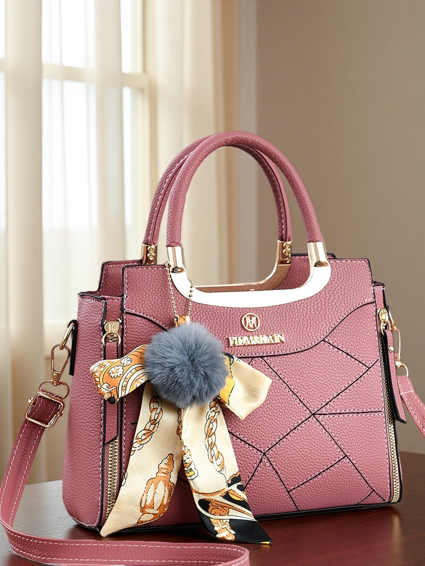 Large Capacity Women's Handbag, Stylish Durable Satchel for Daily Use, Elegant Plush Pendant, Available in Multiple Colors