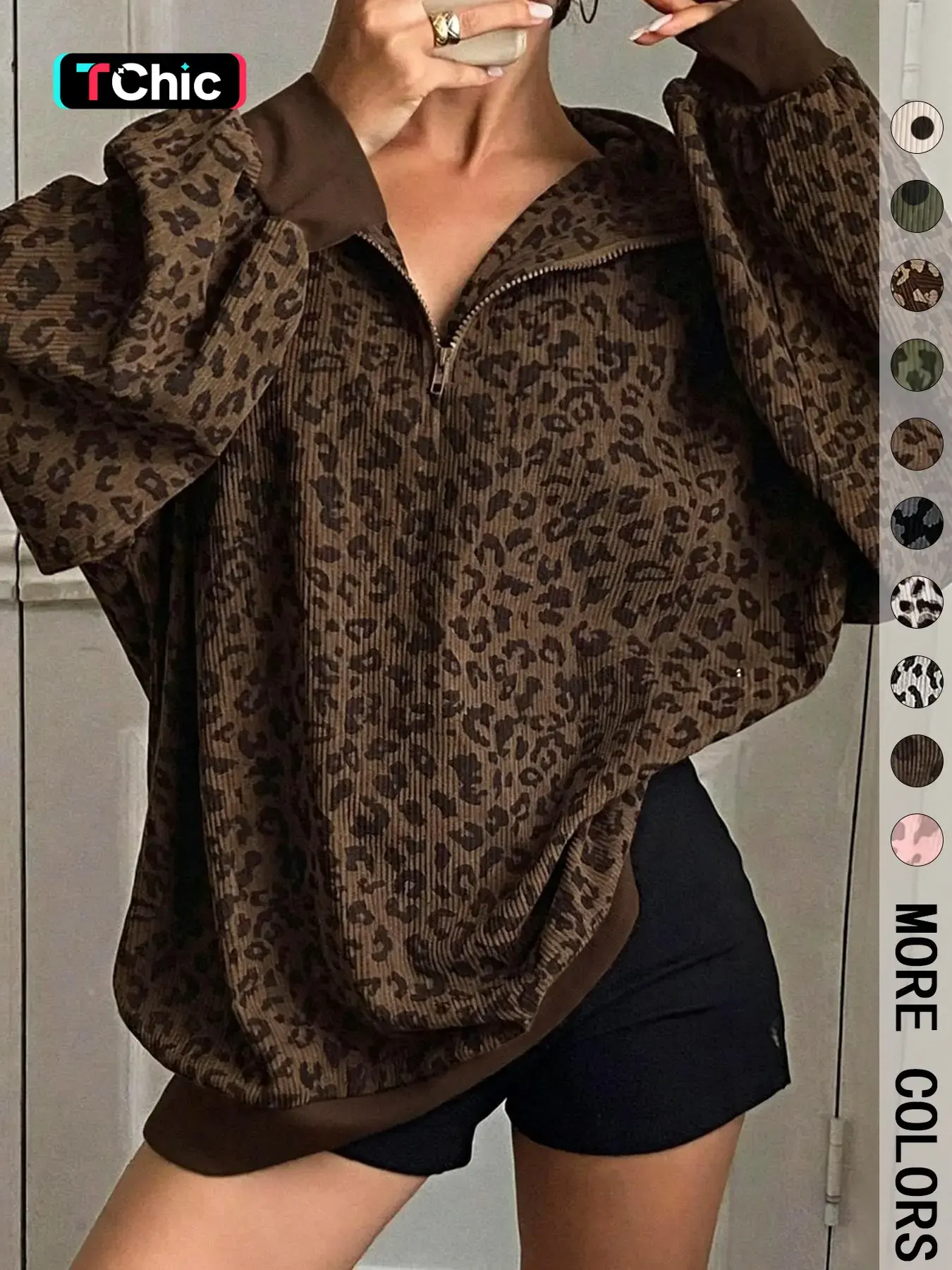 Women's Leopard Print Half Zip Pullover Oversized Drop Shoulder Long Sleeve Top Contrast Cuff & Hem Loose Relaxed Fit Casual Streetwear Trendy Animal Pattern Sweatshirt