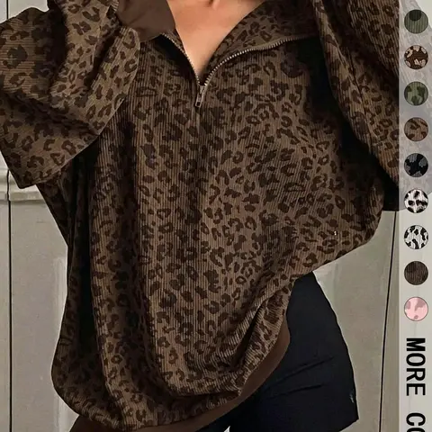 【Black Friday】Women's Leopard Print Half-Zip Pullover Sweatshirt, Oversized Drop-Shoulder Long-Sleeve Top with Contrast Cuff & Hem, Loose Relaxed-Fit Casual Streetwear #GLOBAL PICKS