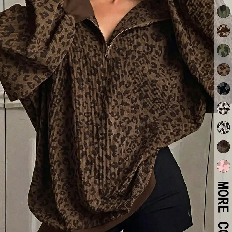 【Black Friday】Women's Leopard Print Half-Zip Pullover Sweatshirt, Oversized Drop-Shoulder Long-Sleeve Top with Contrast Cuff & Hem, Loose Relaxed-Fit Casual Streetwear #GLOBAL PICKS