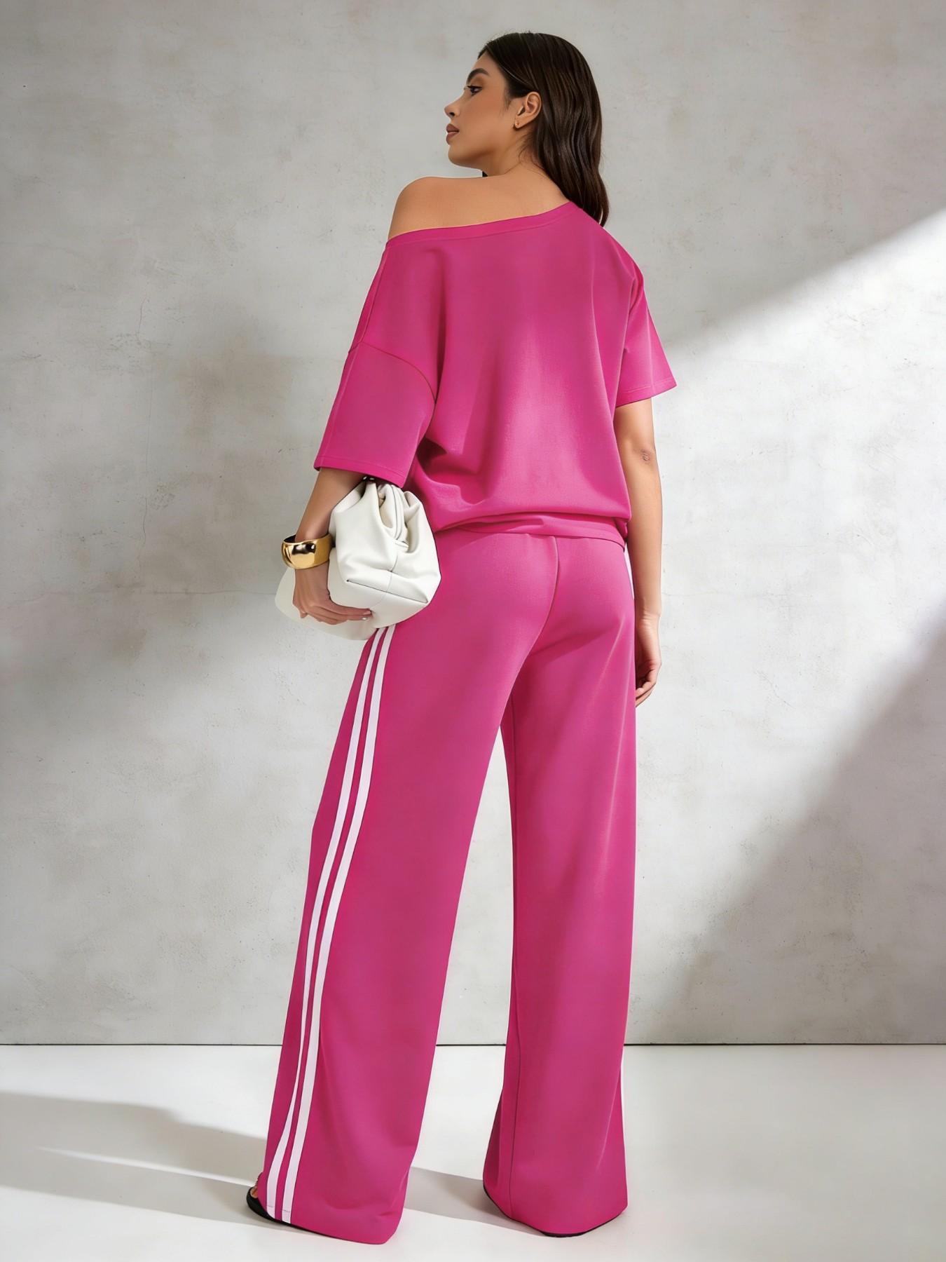 Women's Casual Sportswear Set, One-Shoulder Short Sleeve Top and Striped Long Pants, Spring Summer Two-Piece, Versatile Fashion