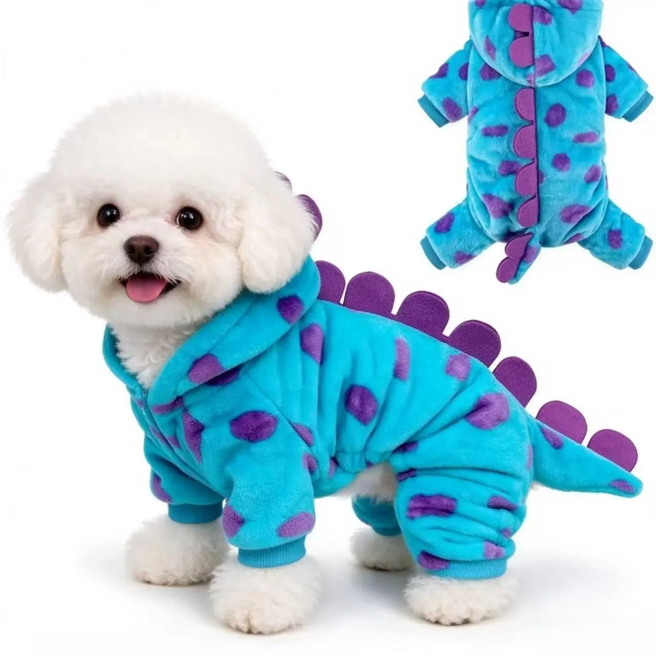 Blue Monster Flannel Pet Costume, Puppy Costume, Thick Warm Dinosaur for Cats and Dogs, Cute and Funny Pet Clothes for Autumn and Winter