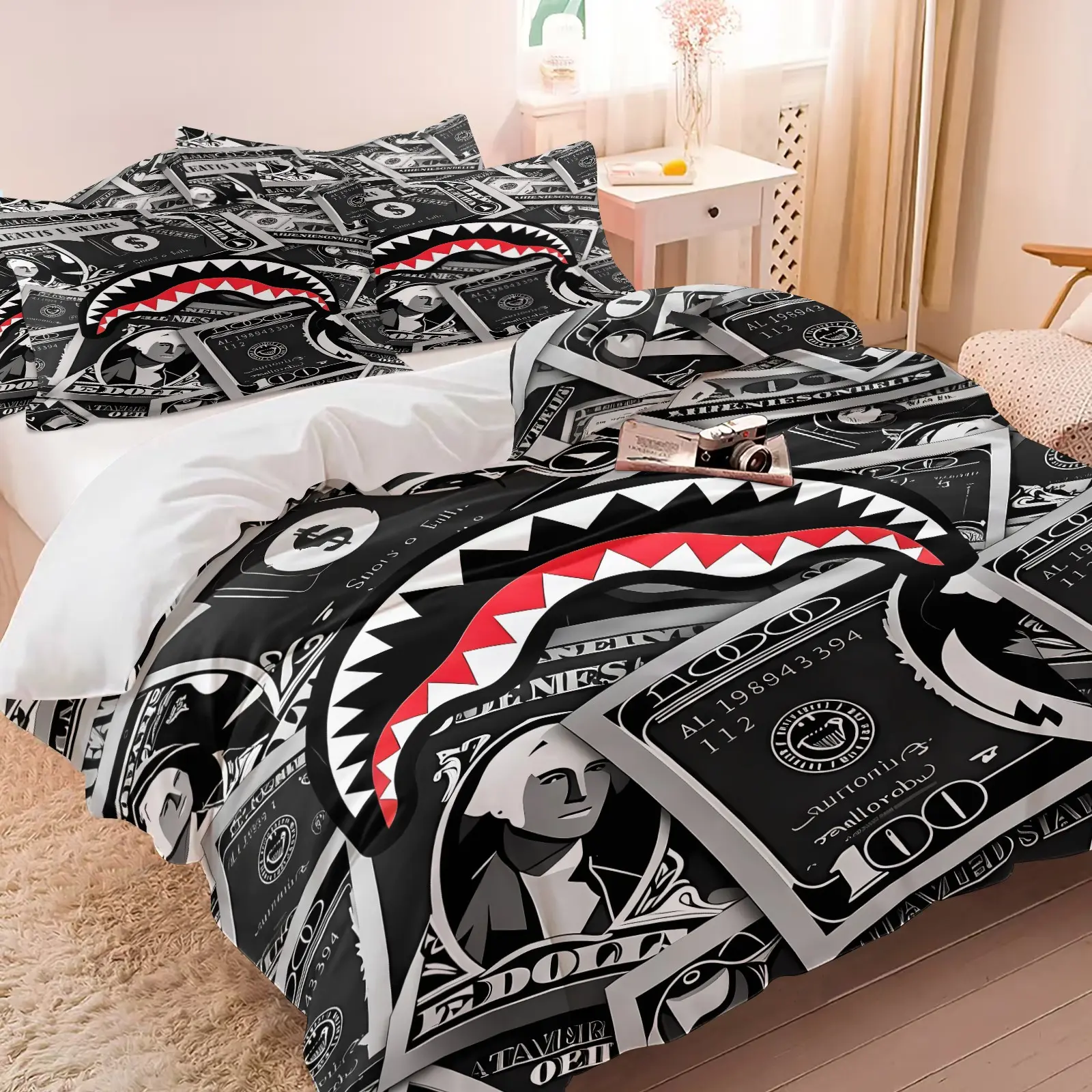 Shark Mouth Dollar Money Decorative Duvet Cover Set (1 Duvet Cover + 1-2 Pillowcases), Soft Skin Friendly Breathable All Season Bed Linen, Hip Hop Cash Shark Printed Bedding Set, Cool Bedroom & Dorm Decor