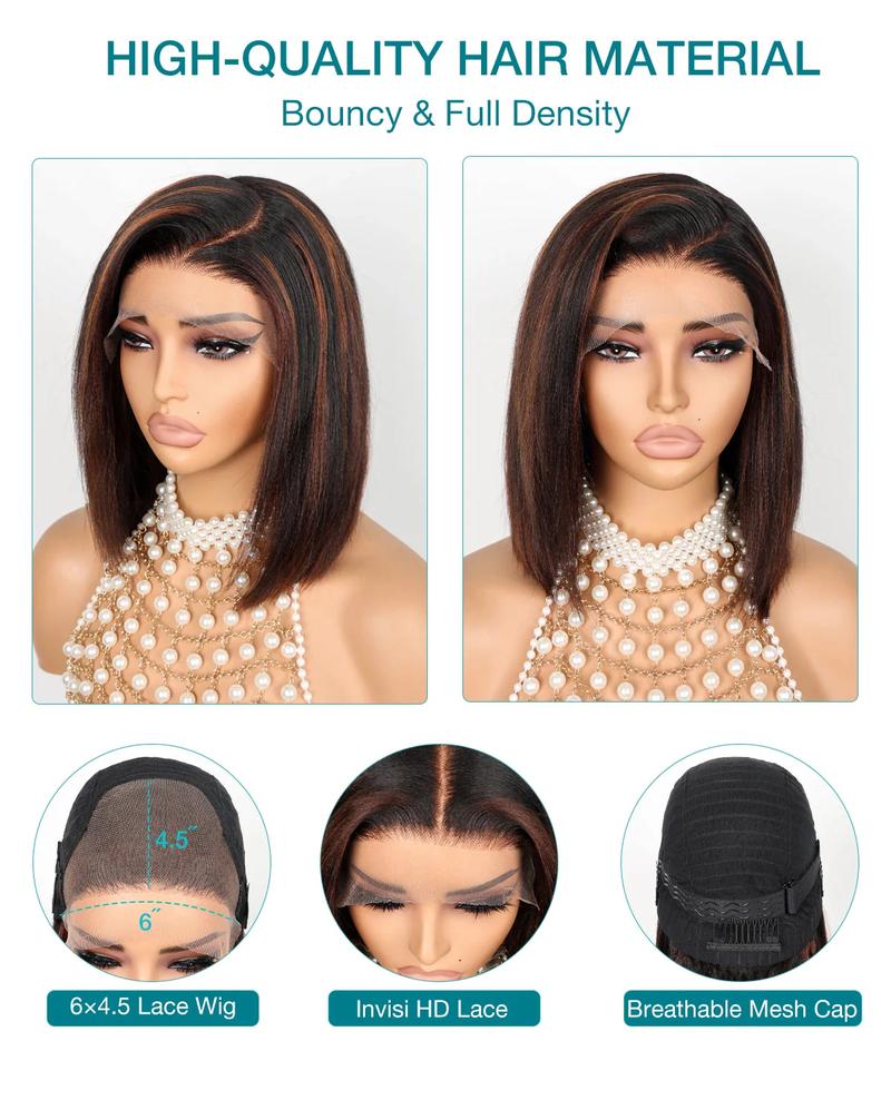 Limited Design | Put On and Go Yaki Straight Highlight Mix Color Short Bob Human Hair 4x4 Closure Wig Human Hair 180%/250% Density Pre-Cut Lace Pre Bleached Tiny Knots Glueless Wig