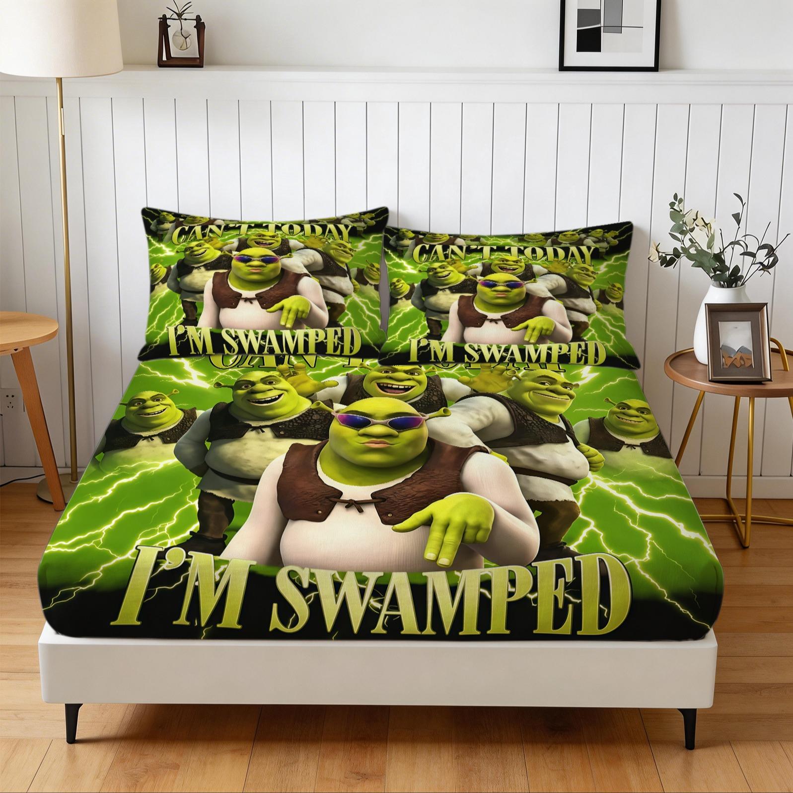 3-Piece Shrek Pattern Fitted Sheet Set, Soft And Durable Bedding Set Including 1 Flat Sheet And 2 Pillowcases, Daily Holiday Birthday Gift Bedroom Decorations For Kids And Adults