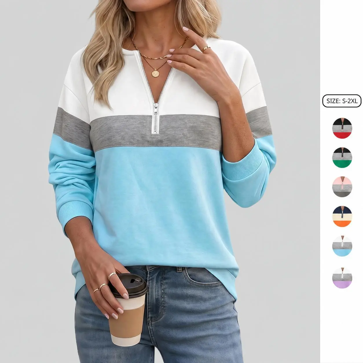 Imily Bela Women's Chic Polyester Color Block Quarter-Zip Ribbed Long-Sleeve Casual Loungewear Pullover Top, Stylish Everyday Wear, Style, Sporty, Essential, Comfortable, Cotton, Longsleeves, Retro, Streetwear, Fit, Sweatshirt, Sporty Chic, Poly-Cotton, R
