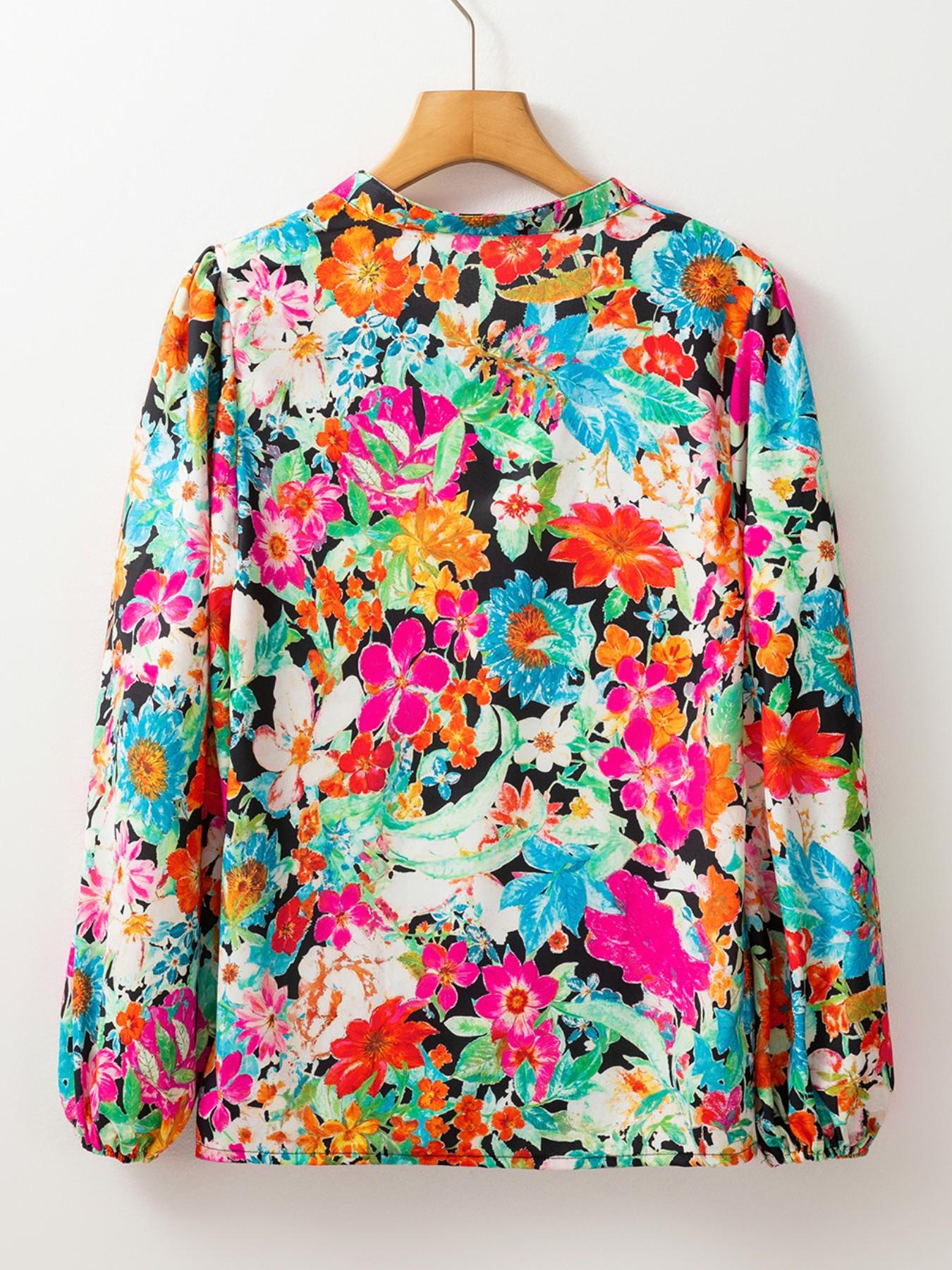 Elegant Spring & Fall Long Sleeve Floral Print Bubble Hem V-Neck Shirt, Loose-Fitting Multicolor Boho Blouse for Women