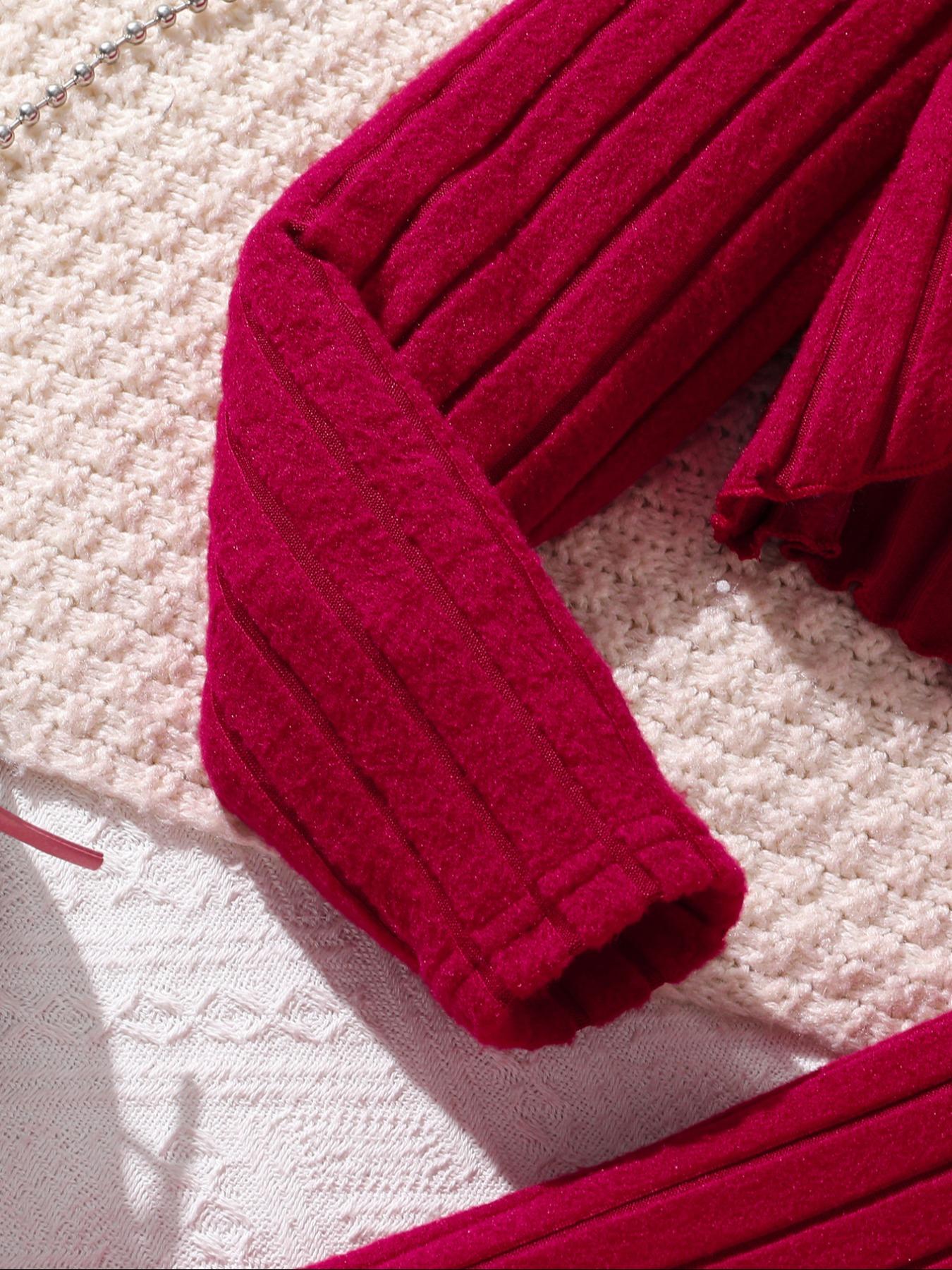 Christmas Girl Pearl Embellished Knit Bow Design Long Sleeve Short Top with Slim Fit Dress Fashion Comfort Set