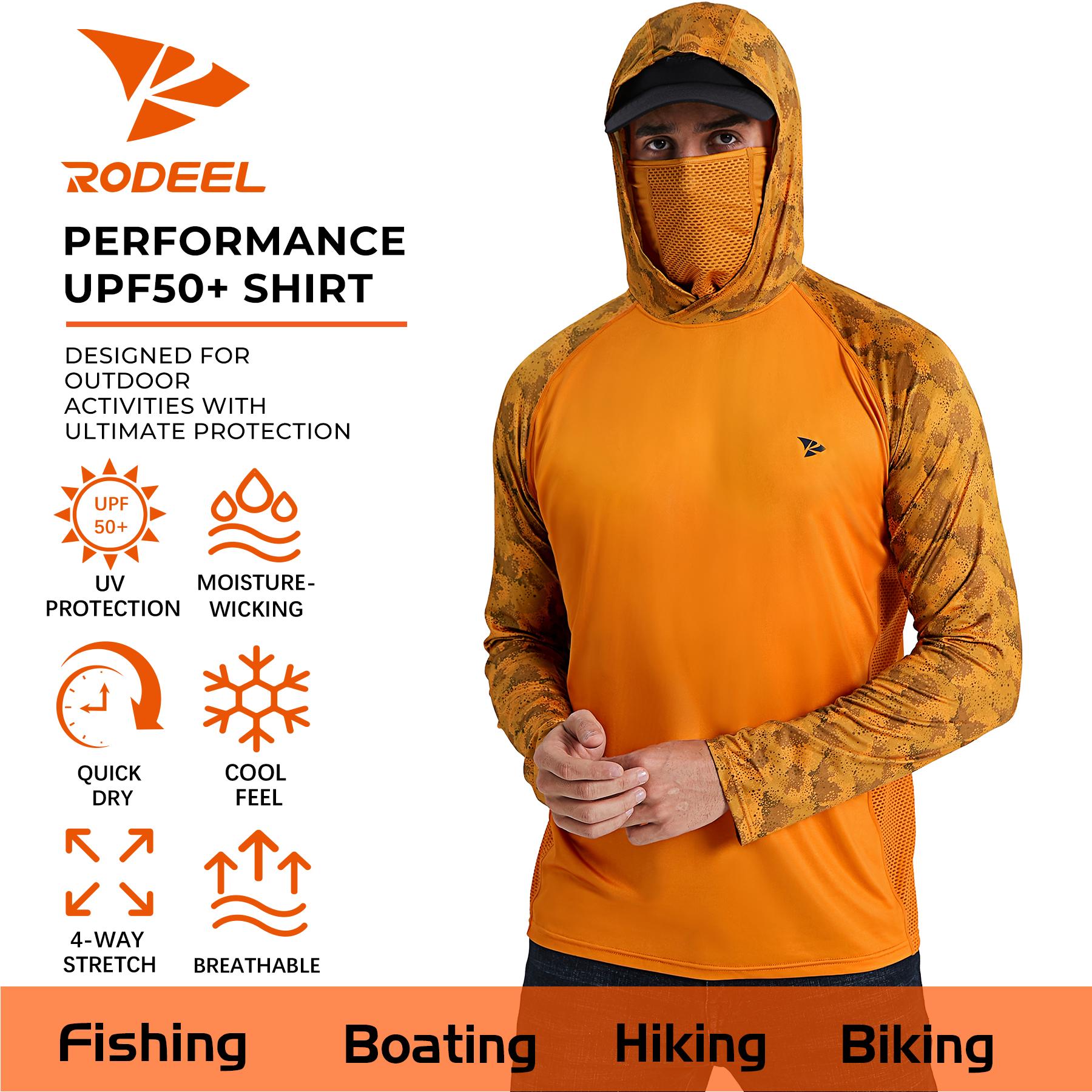 RODEEL 915 Sun Hoodie Shirts w/ Mask Neck Gaiter Men UPF 50+ UV Protection Long Sleeve Lightweight Quick Dry Moisture Wicking Breathable Cooling Athletic Activewear for Outdoor Sport Fishing Boating Hiking Cycling Construction Roofing Farming Tree Service
