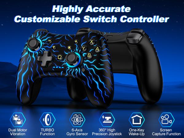 Switch Controllers,Wireless Switch Pro Controller for Switch/Lite/OLED/iOS/Android,Rechargeable Wired PC Gaming Controller with Cool LED Light, 6-Axis Gyro,Turbo, 4-Speed Vibration