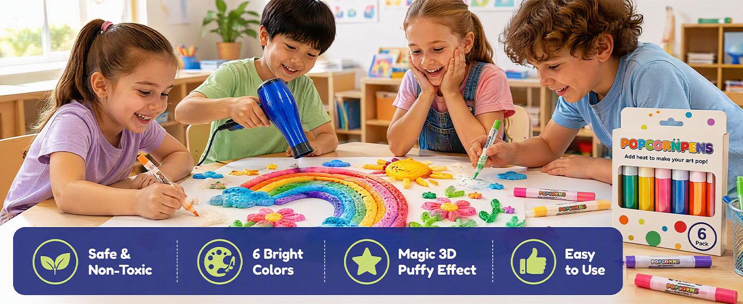 Popcorn Pens, Puffy Popcorn Pens 3d Art, 6 Colors Diy Bubble Popcorn Drawing For Greeting Birthday Cards Kids, 6PCS-1 Box