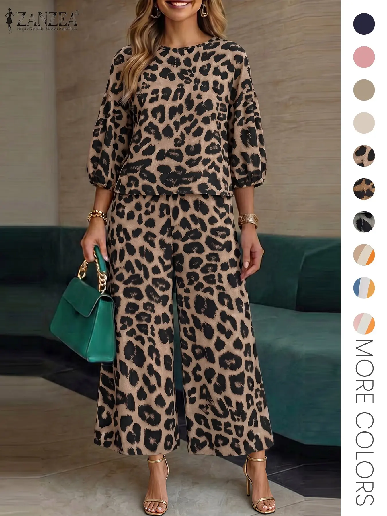ZANZEA Women's Leopard Print Two-Piece Set, 3/4 Sleeve Loose-Fit Top, Elastic Waist Pants, Casual All-Season, Comfortable and Stylish