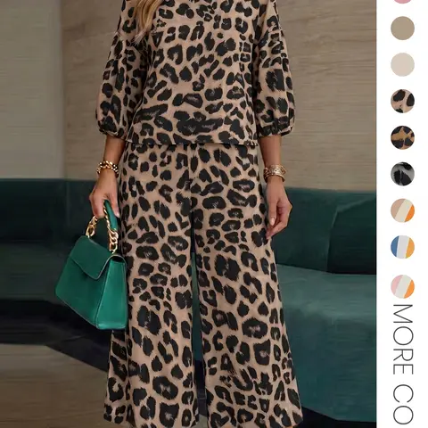 ZANZEA Women's Leopard Print Two-Piece Set, Summer Matching Set, 3/4 Sleeve Loose-Fit Top, Elastic Waist Pants, Casual All-Season, Comfortable and Stylish