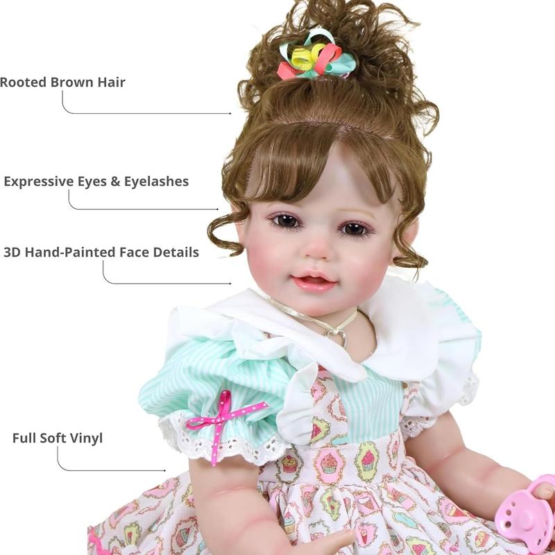“Happy Birthday Girl” – 22” Realistic Reborn Toddler Doll with Rooted Hair, Soft Full Vinyl Body, 3D Painted Face Veins, Festive Cupcake Party Dress, Accessories – Ages 3+