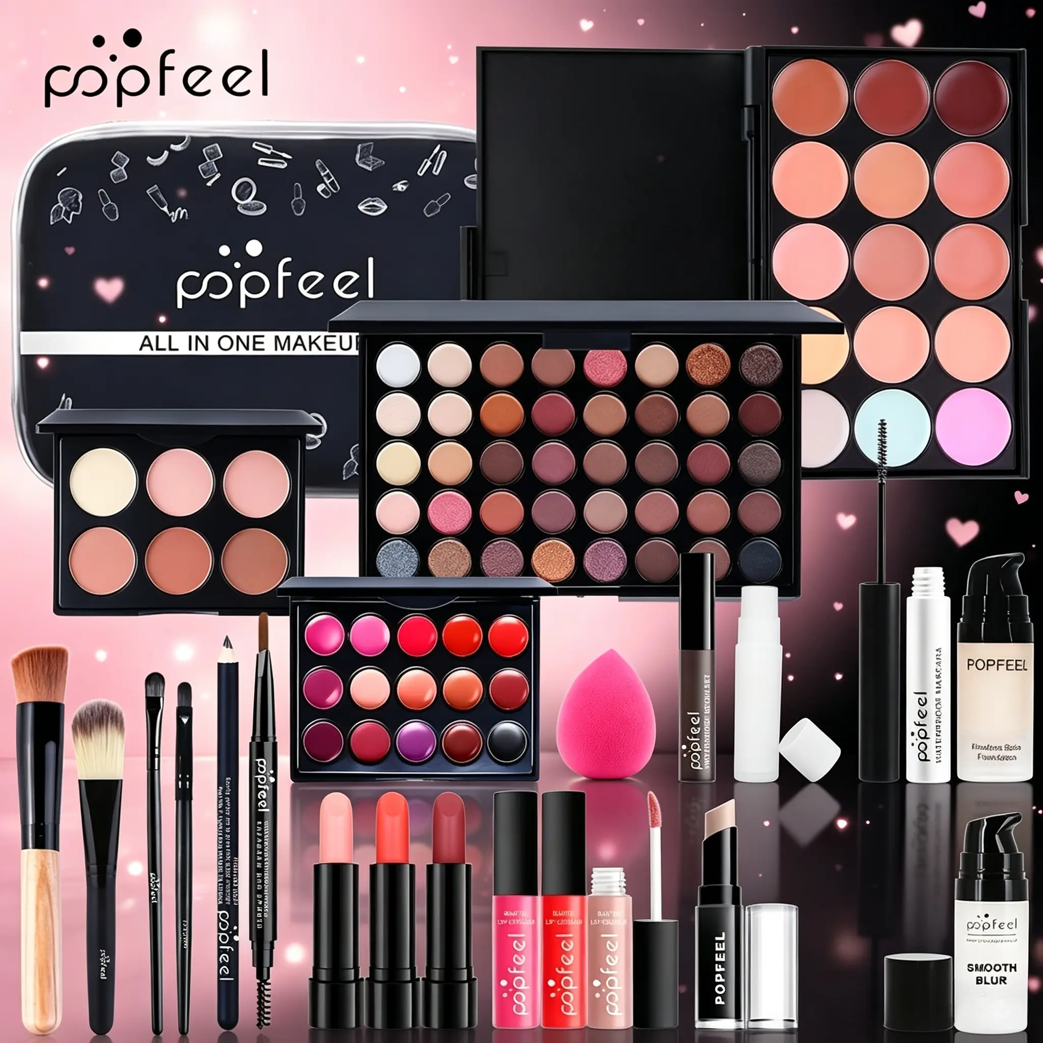 POPFEEL Full‑Face Makeup Kit Ideal For Mother’s Day & Birthday Gifts, Complete With Eyeshadow Palette, Lipstick, Mascara, Brushes And Makeup Bag, Beginner‑Friendly Cosmetic Set For Personal Use And Gifting To Ladies.