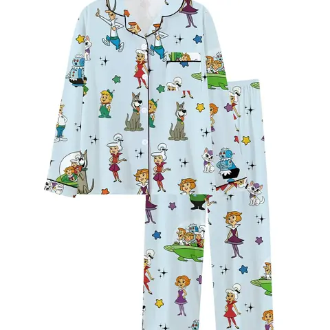 Vintage 60s Space Age Cartoon Pajamas Set, Sci-Fi Family Print Sleepwear, Nightwear Outfit, Soft 2-Piece Long-Sleeve Button-Up Home Wear