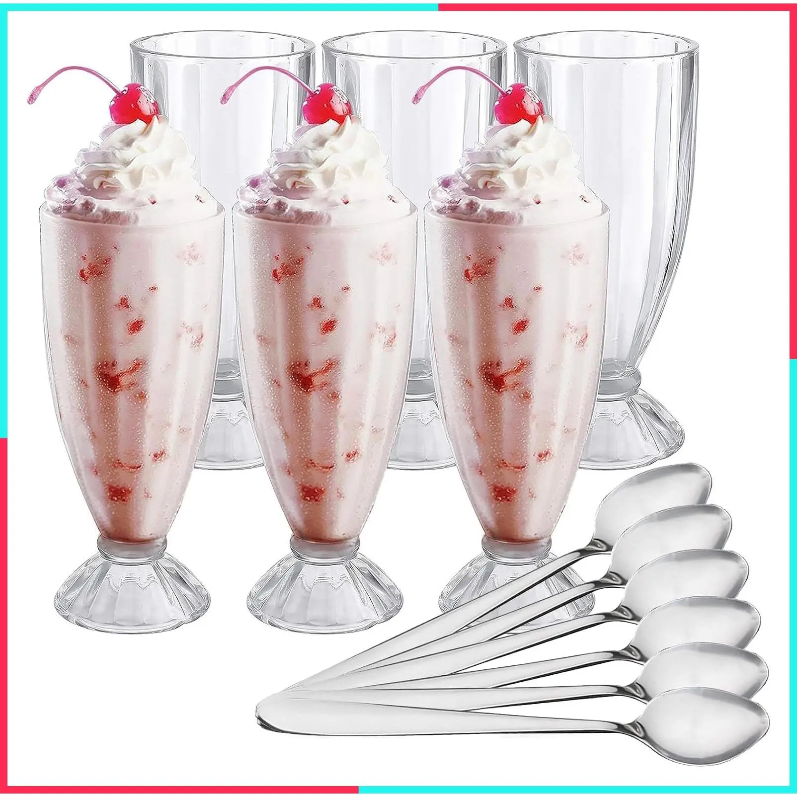 Set of 6 Milkshake Glasses, 12oz Old Fashioned Sundae Cups, Retro Ice Cream Float Glasses, Heavy Base Soda Fountain Glassware with 6 Long Stainless Steel Spoons
