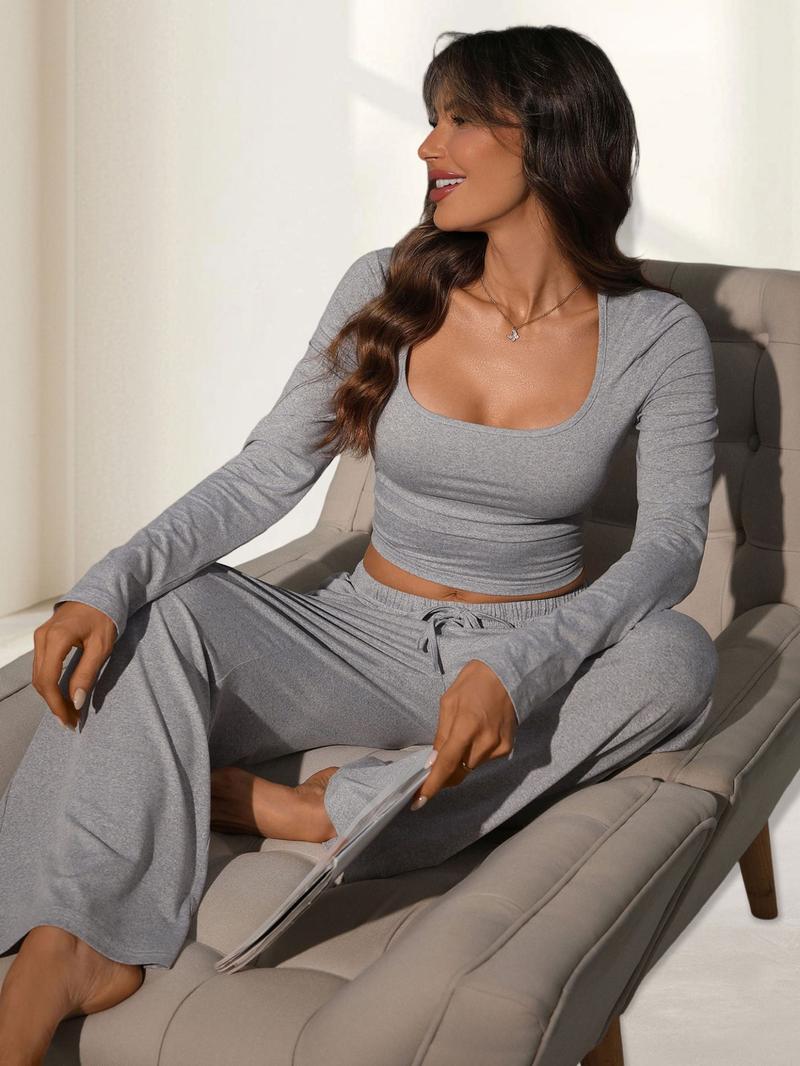 2026 Women's 2 Piece Matching Lounge Set, Square Neck Long Sleeve Crop Top, High Waisted Wide Leg Drawstring Pants, Casual Sweatsuit