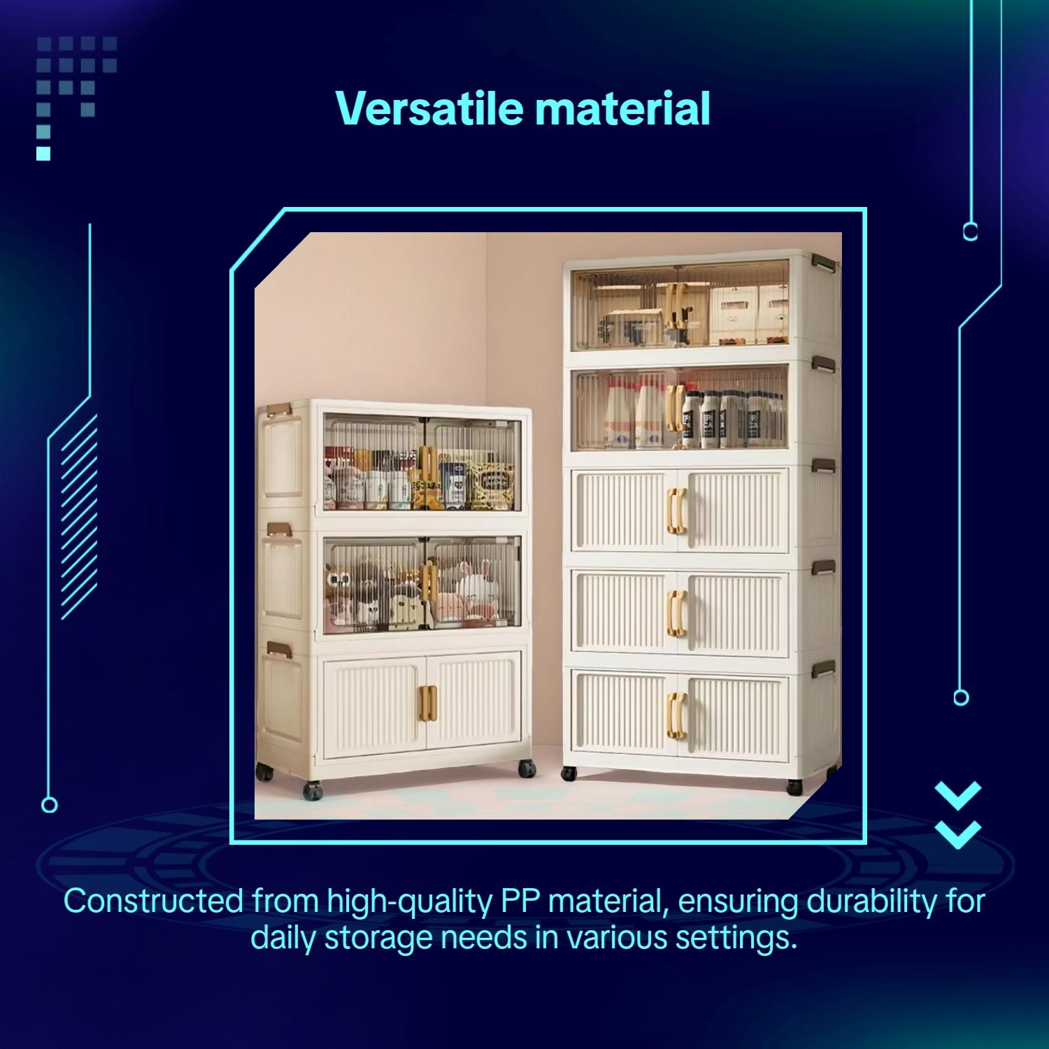 Stackable storage boxes with lids and wheels, available in 5/4/3 layers; foldable plastic storage cabinets; wheeled storage trolleys; suitable for bedrooms, living rooms, kitchens, and offices.