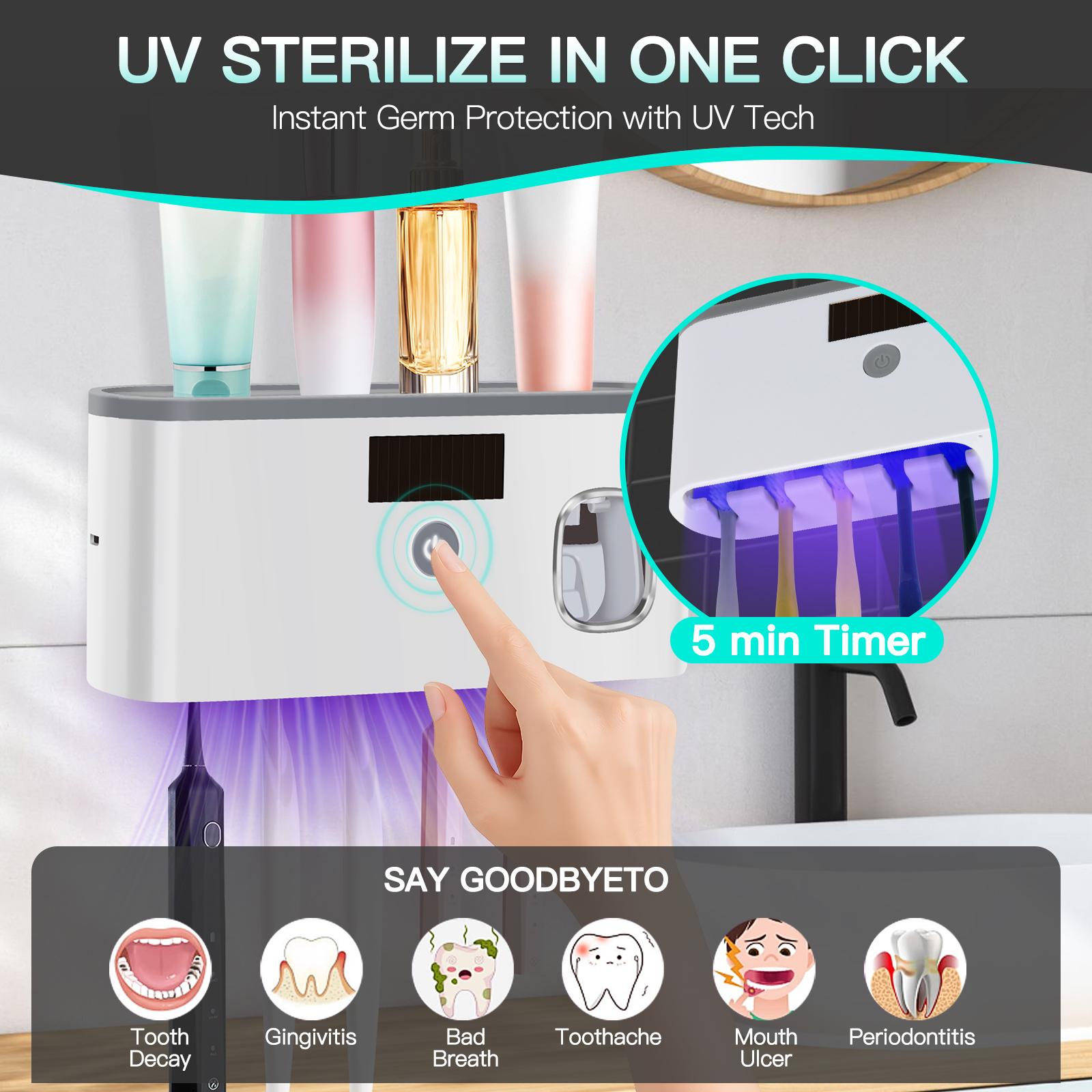 PHANCIR UV Toothbrush Holder for Bathrooms,5-Slot Wall Mount Toothbrush Sanitizer & Timing Function Wall Mounted with Toothpaste Dispenser for Electric / Regular Toothbrush Black Rose Gold