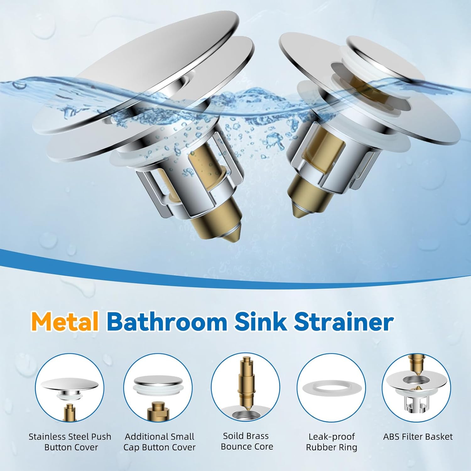 Bathroom Sink Stopper, Metal Pop Up Sink Drain Strainer with Detachable Hair Catcher, Fits 1.1"-2.36"  Basin, Wash Basin Drain Plug with Big/Small Cover Cap, Brass Bounce Core, Chrome