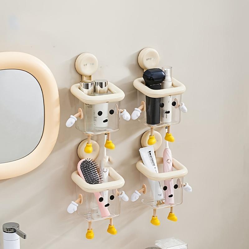 DIY Creative Cute Wall Mount Toothbrush Holder, No-Drill Suction Cup Bathroom Organizer with Multi-Sections for Toothpaste, Electric Toothbrush, Razor, Makeup Brushes, Kitchen Storage Supplies